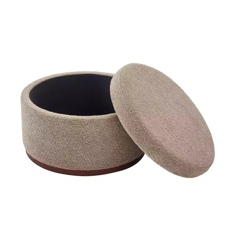 Ottoman de rangement rond rembourré avec base en bois d'hévéa