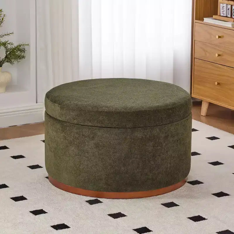 Ottoman de rangement rond rembourré avec base en bois d'hévéa