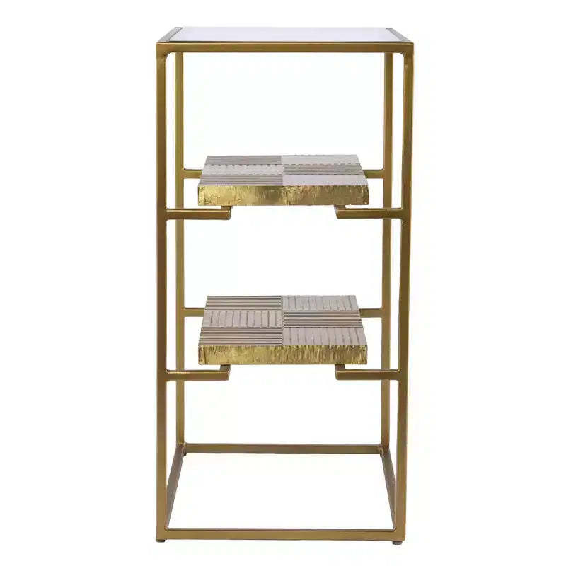24 Table d'appoint rectangulaire en laiton, verre et fer à deux étagères
