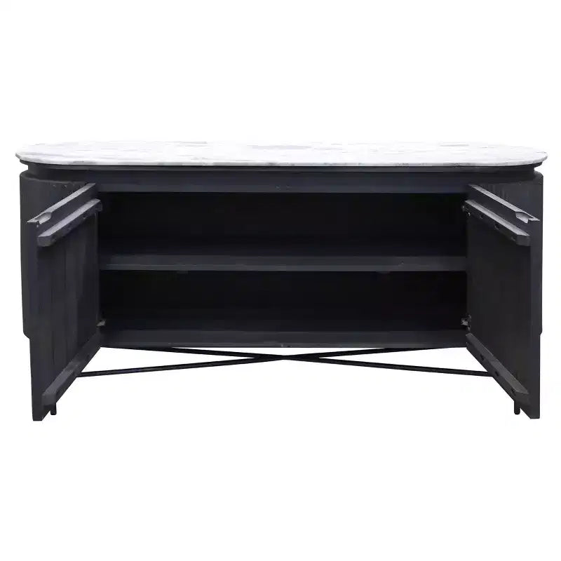 Dessert-Console en Granit et Pieds Métalliques Blanc/Charbon - : Bois de Mangue, Étagère Fixe, Luxe