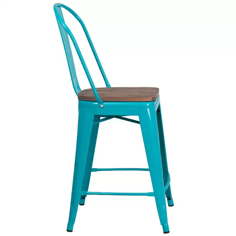 Tabouret de comptoir en métal 24H avec dossier et assise en bois