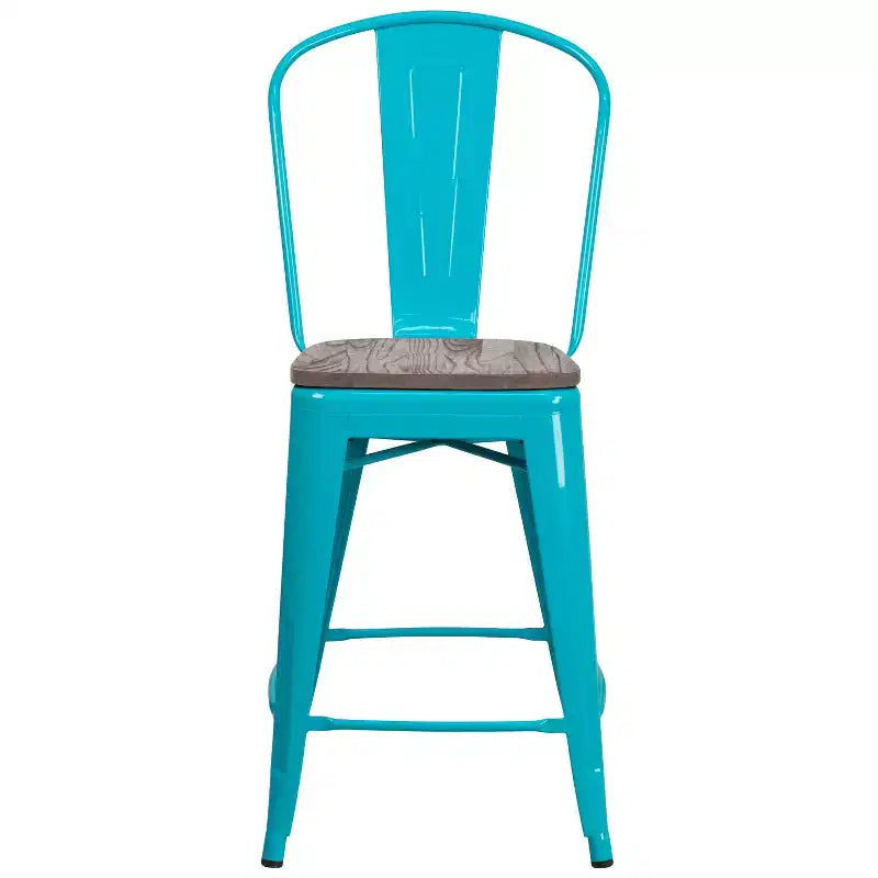 Tabouret de comptoir en métal 24H avec dossier et assise en bois