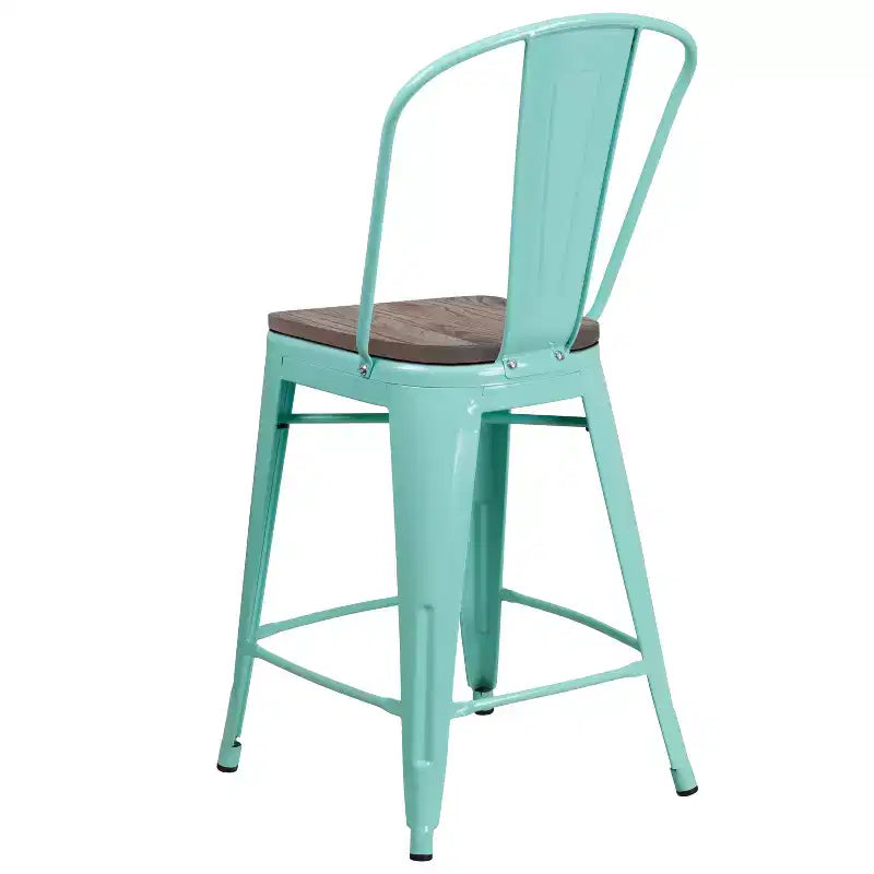 Tabouret de comptoir en métal 24H avec dossier et assise en bois
