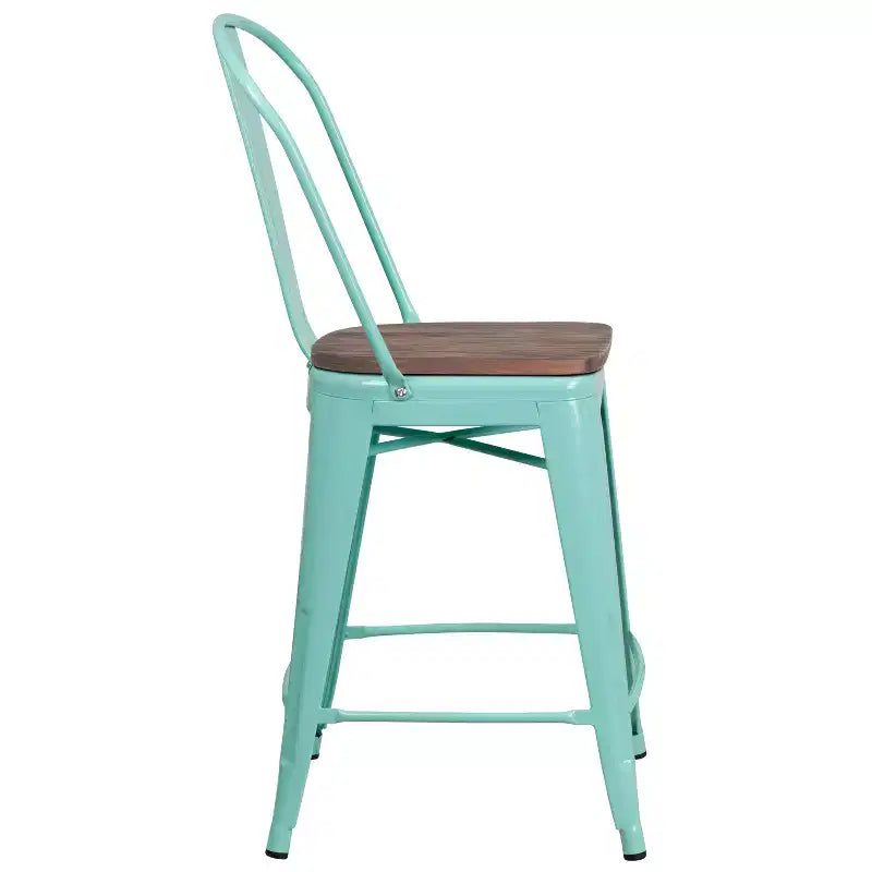 Tabouret de comptoir en métal 24H avec dossier et assise en bois