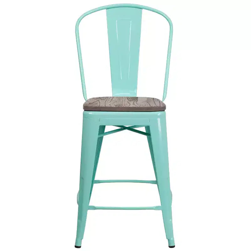 Tabouret de comptoir en métal 24H avec dossier et assise en bois
