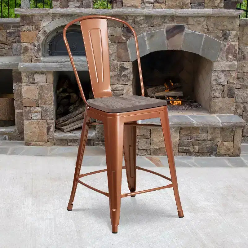 Tabouret de comptoir en métal 24H avec dossier et assise en bois