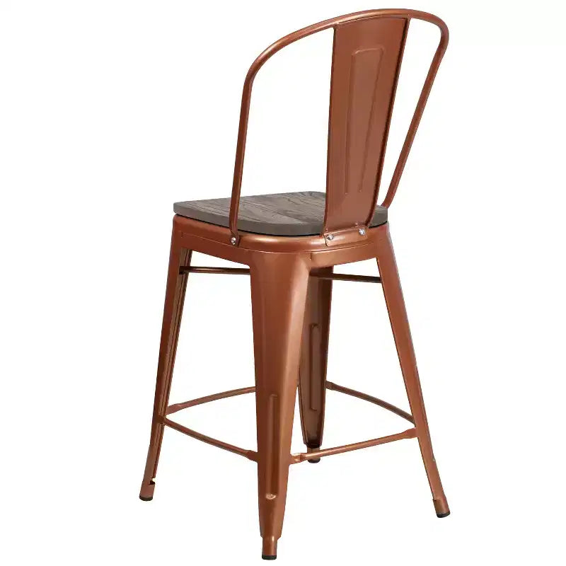 Tabouret de comptoir en métal 24H avec dossier et assise en bois
