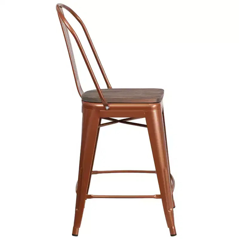 Tabouret de comptoir en métal 24H avec dossier et assise en bois
