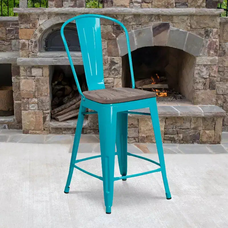 Tabouret de comptoir en métal 24H avec dossier et assise en bois