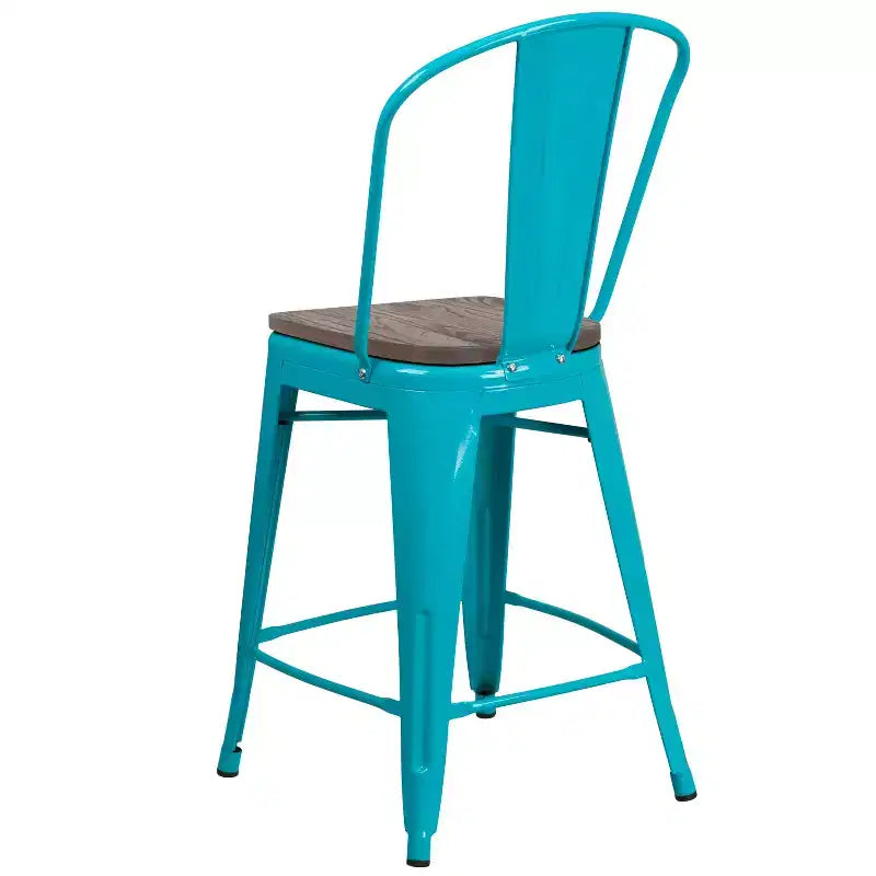 Tabouret de comptoir en métal 24H avec dossier et assise en bois