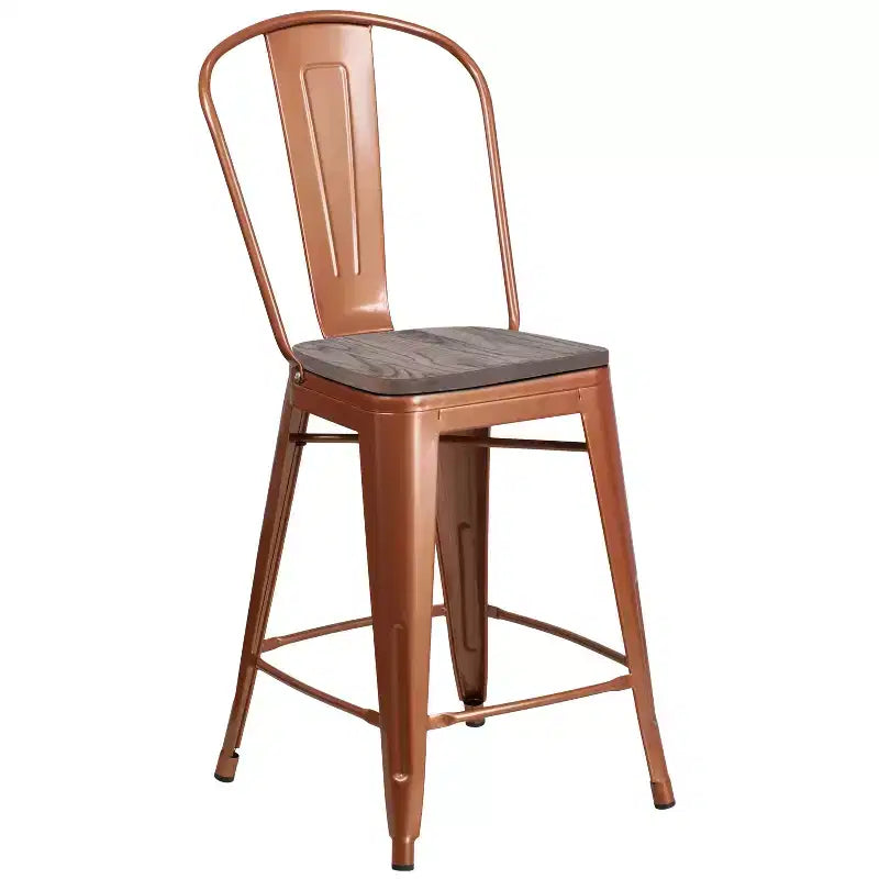Tabouret de comptoir en métal 24H avec dossier et assise en bois