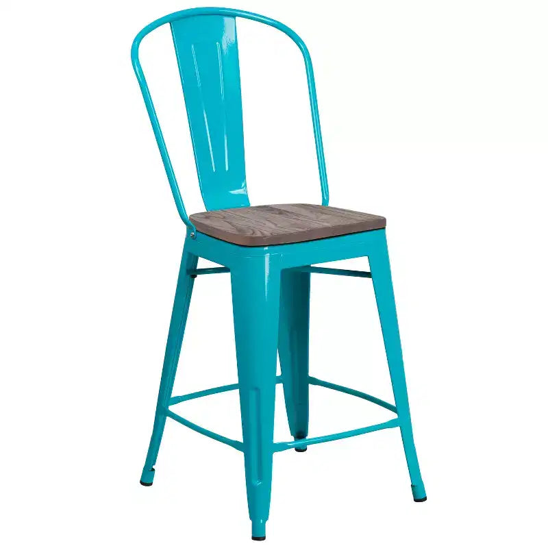  24H Metal Counter Height Stool with Back and Wood Seat