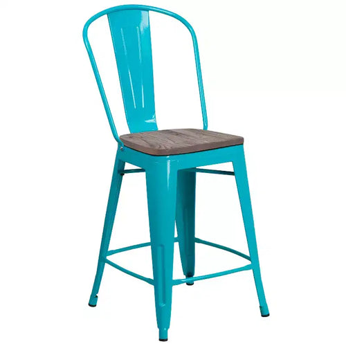  24H Metal Counter Height Stool with Back and Wood Seat