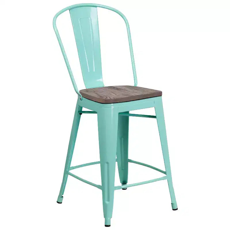Tabouret de comptoir en métal 24H avec dossier et assise en bois
