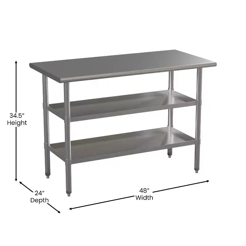 Table de travail en acier inoxydable de calibre 18 certifiée NSF avec 2 étagères inférieures